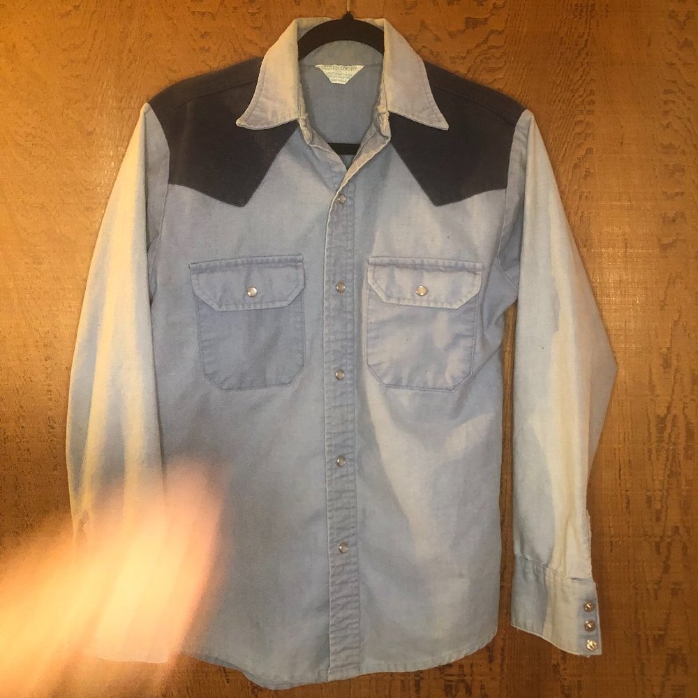 Vintage Blue Western Button down white snaps CloudCover 60s 70s Size M Medium